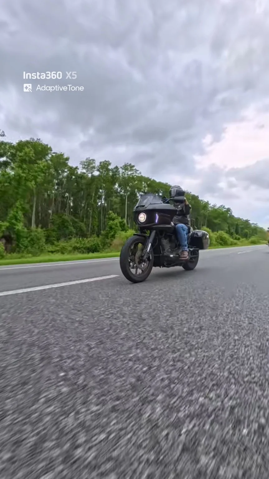 A low-angle view of a rider on a black motorcycle traveling along a tree-lined road.